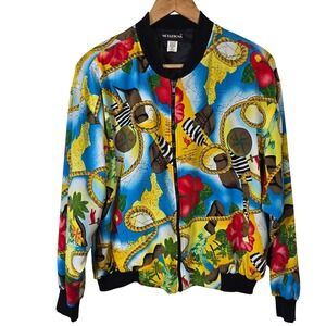 NOTATIONS Tropical Nautical‎ Map Hibiscus Print Bomber Jacket Women's Size M